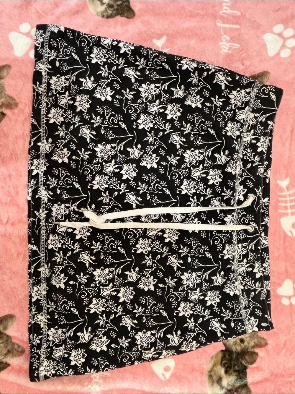 Black Floral Drawstring Skirt with Shorts Underneath